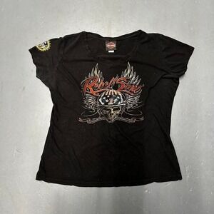 Vintage Y2K Women's Harley Davidson skull graphic biker baby tee shirt tshirt